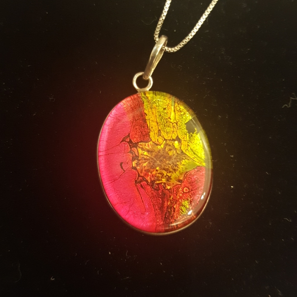 Dichroic Glass Pendant w/ 16" sterling chain, NWOT - stunning glass necklace!